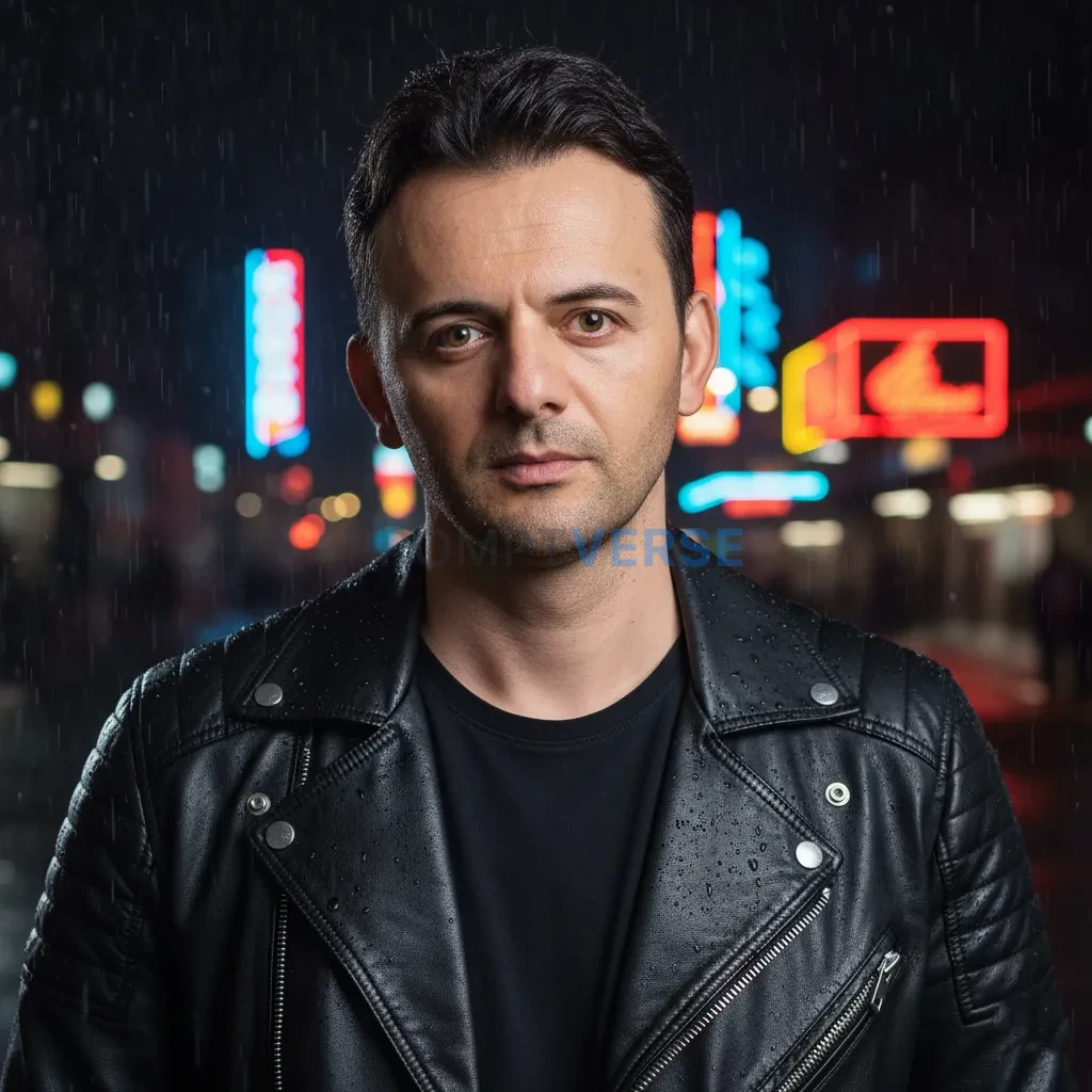 Cinematic close portrait of a man in a leather biker jacket, soft rain