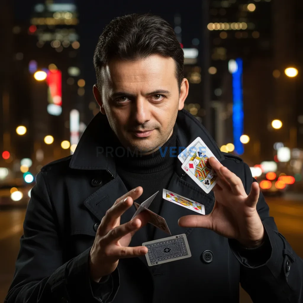 Cinematic close-up, man in dark coat performing card trick mid-air, ca