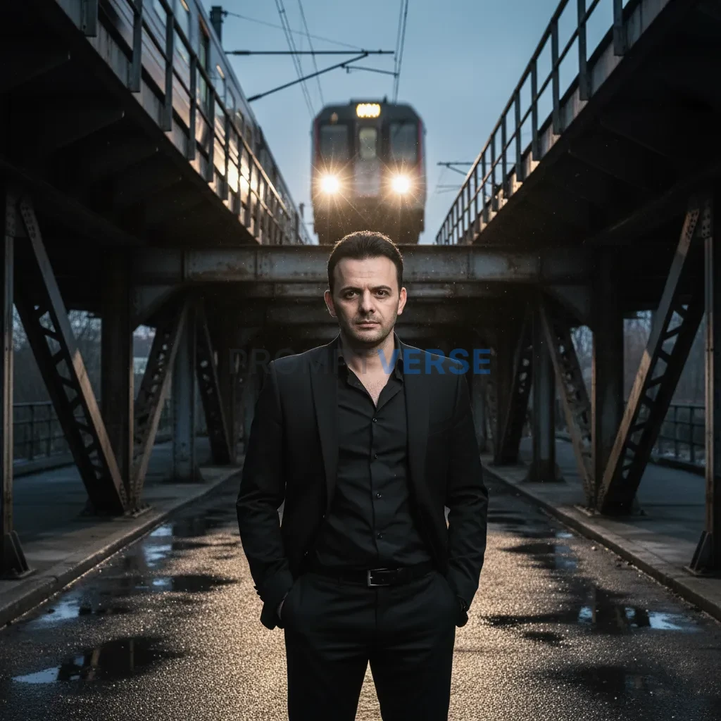 Cinematic street portrait, man standing under railway bridge, trains p
