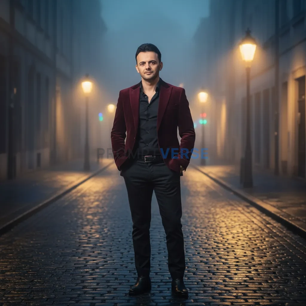 Cinematic portrait of man in narrow foggy street, wearing velvet blaze