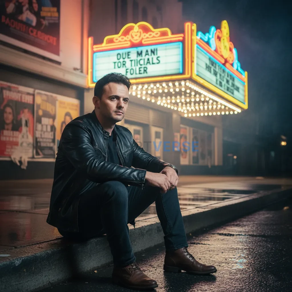 Cinematic portrait of man sitting on curb near old theater, bright sig
