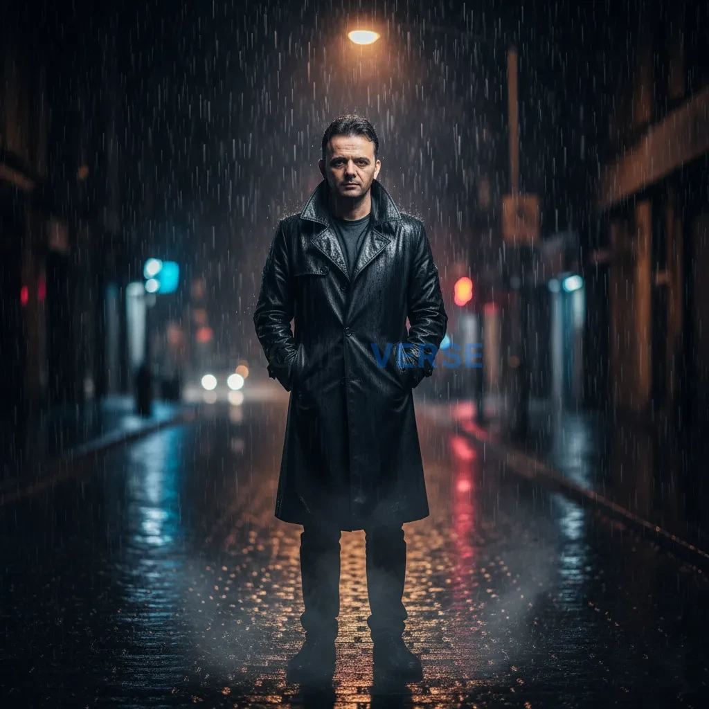 Cinematic editorial portrait, man standing under a flickering streetli