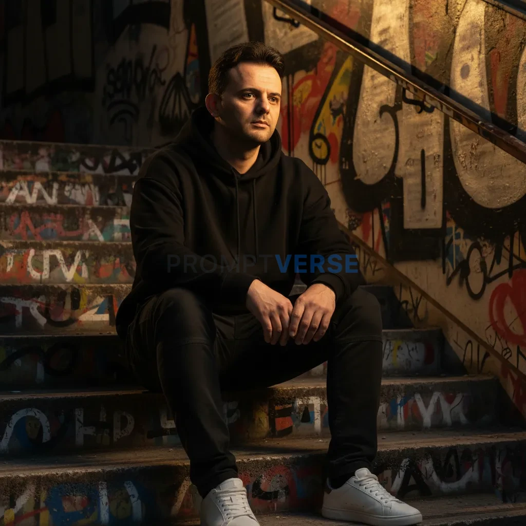 Ultra-detailed portrait, man seated on old concrete stairs with graffi