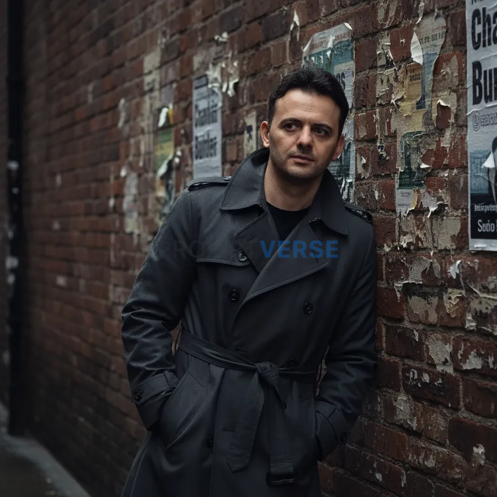 Cinematic portrait, man leaning against old brick wall with cracked po