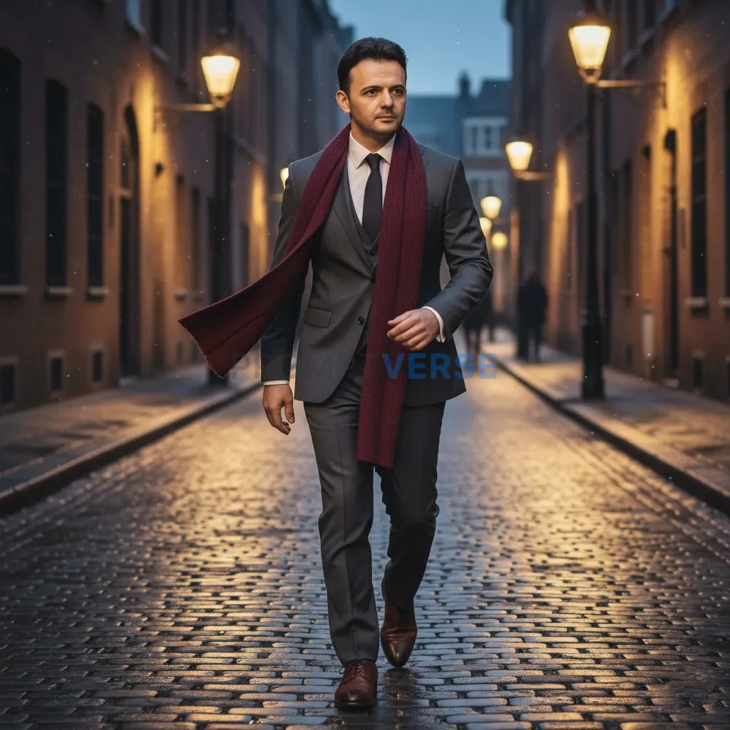 Editorial fashion portrait, man walking through narrow cobblestone str
