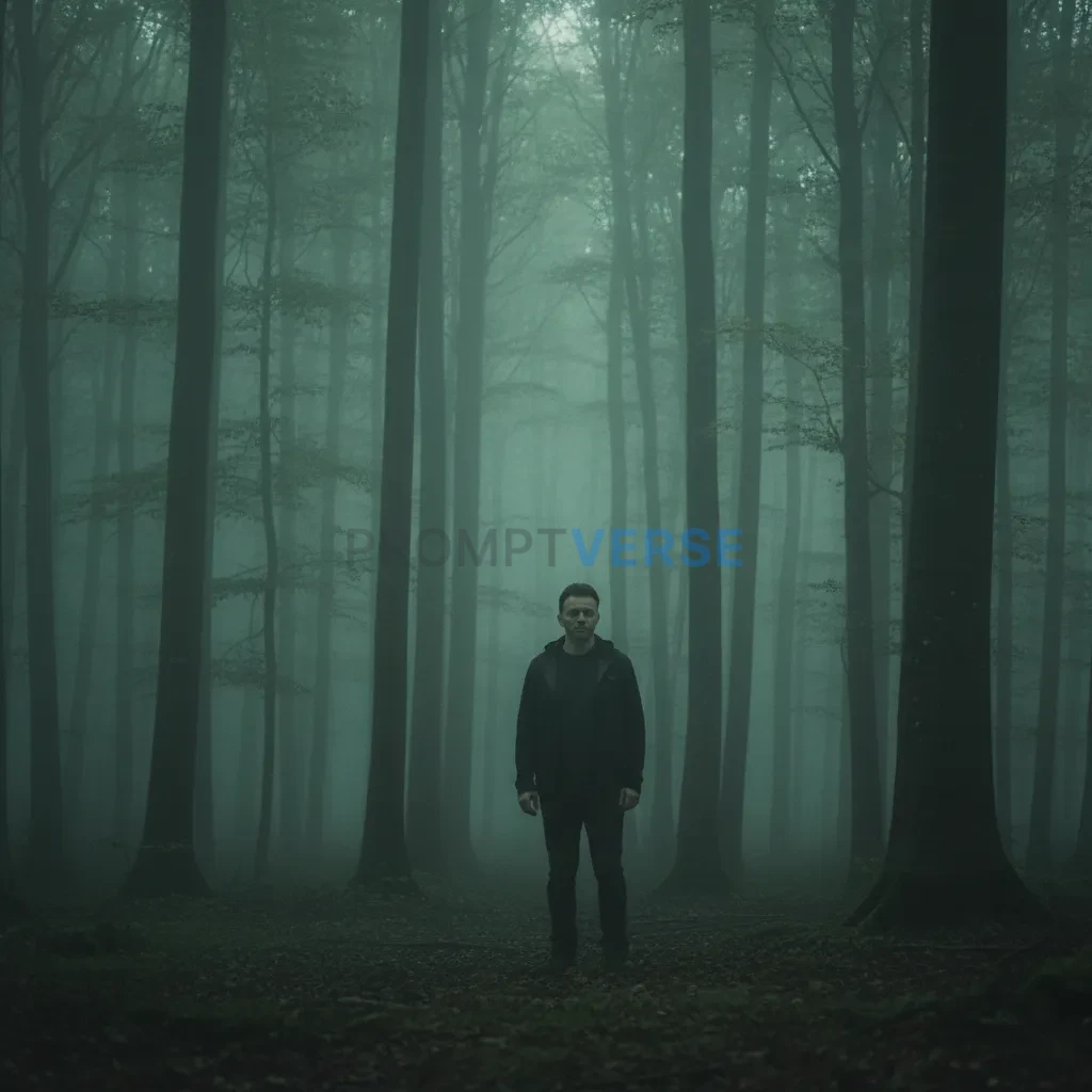Man standing alone in a foggy forest, moody cinematic lighting, green 