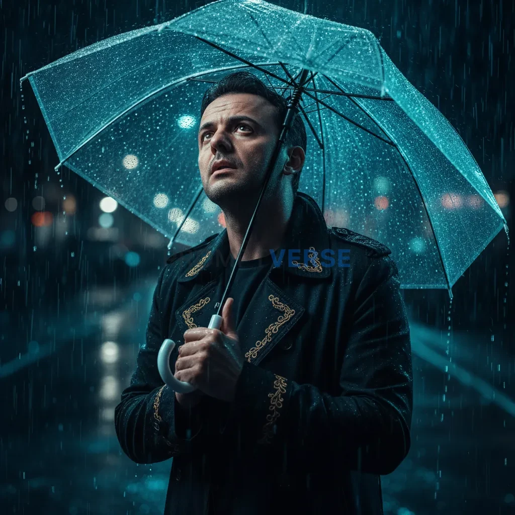 A cinematic portrait of a young man standing in the rain under a trans