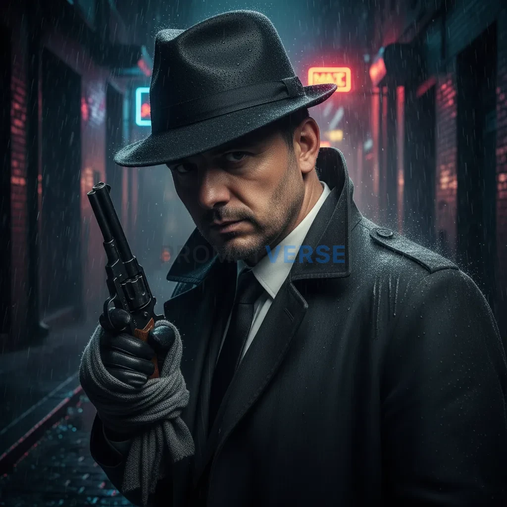 Cinematic close-up, man in trench coat holding a pistol wrapped in clo