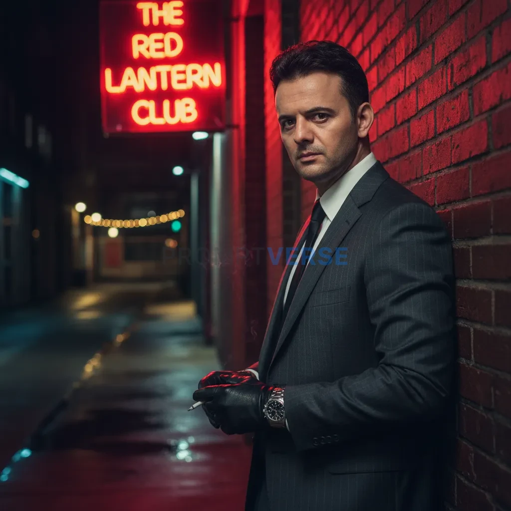 High-quality portrait of a mafia-style man in pinstripe suit leaning a