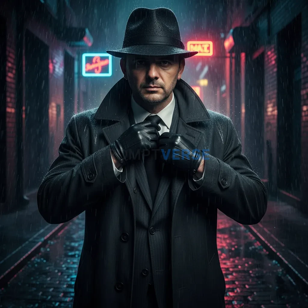 Ultra-detailed portrait, mafia hitman in leather gloves adjusting tie 