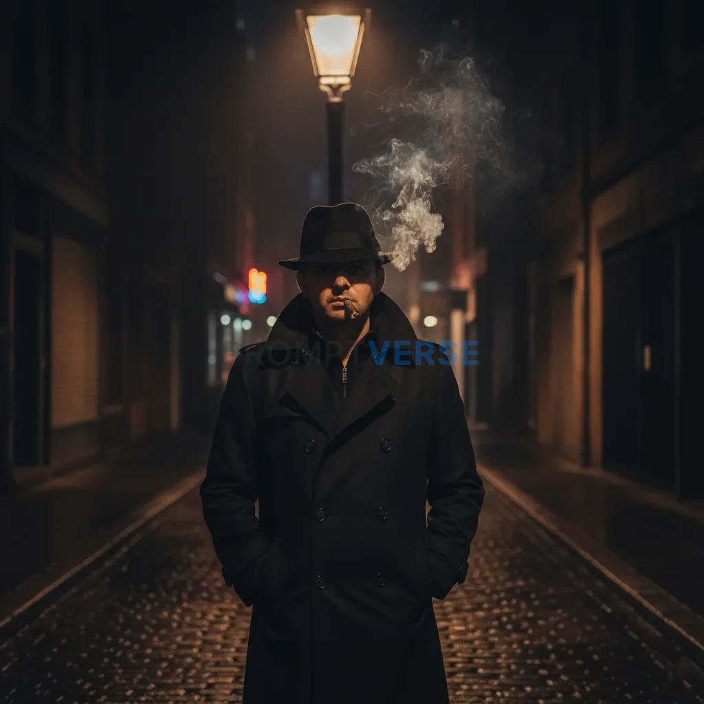 Cinematic noir portrait, man in trench coat and fedora standing under 