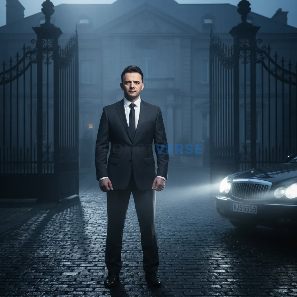 Editorial portrait, mafia boss standing in front of wrought-iron gates