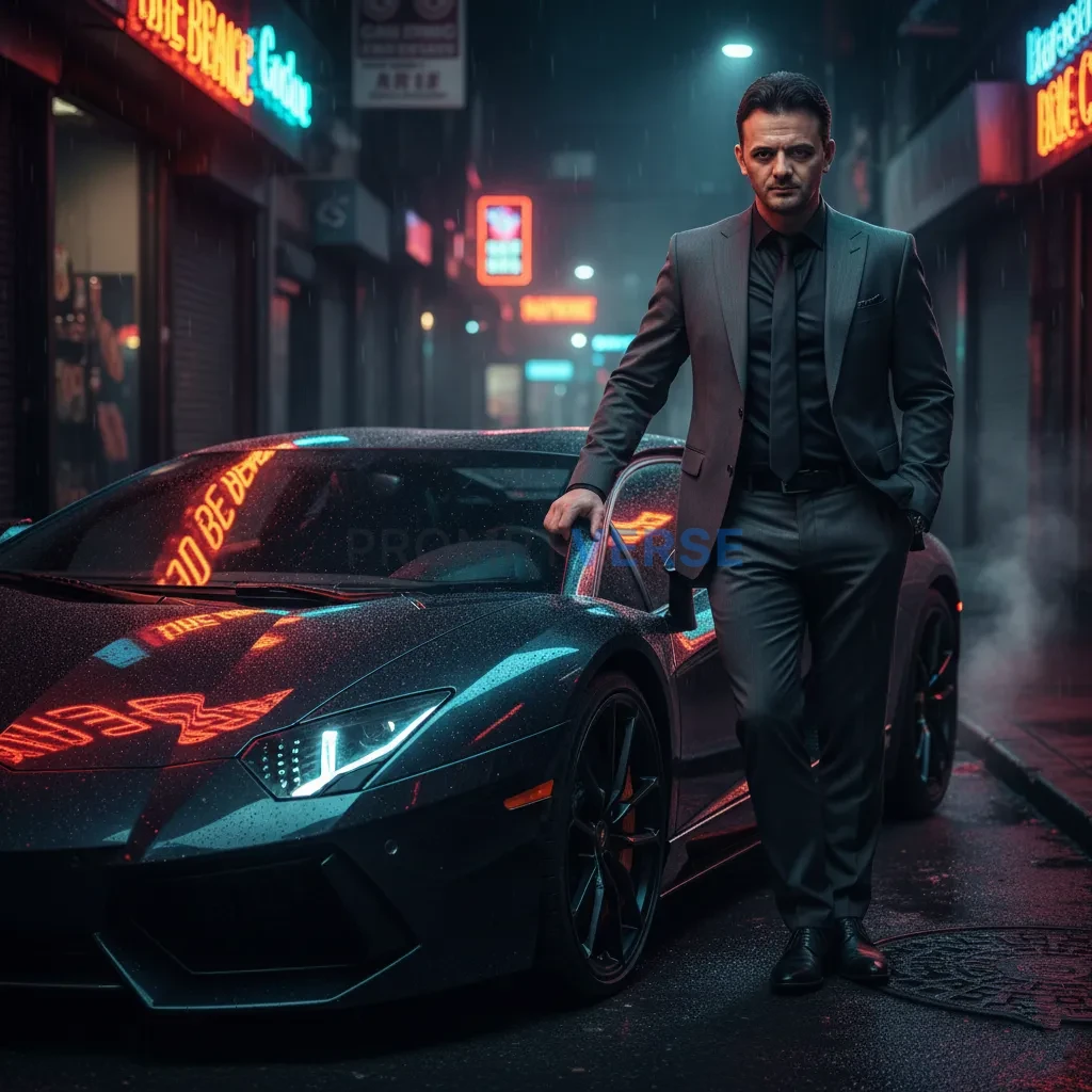 Ultra-detailed portrait, mafia boss beside a Lamborghini under neon re