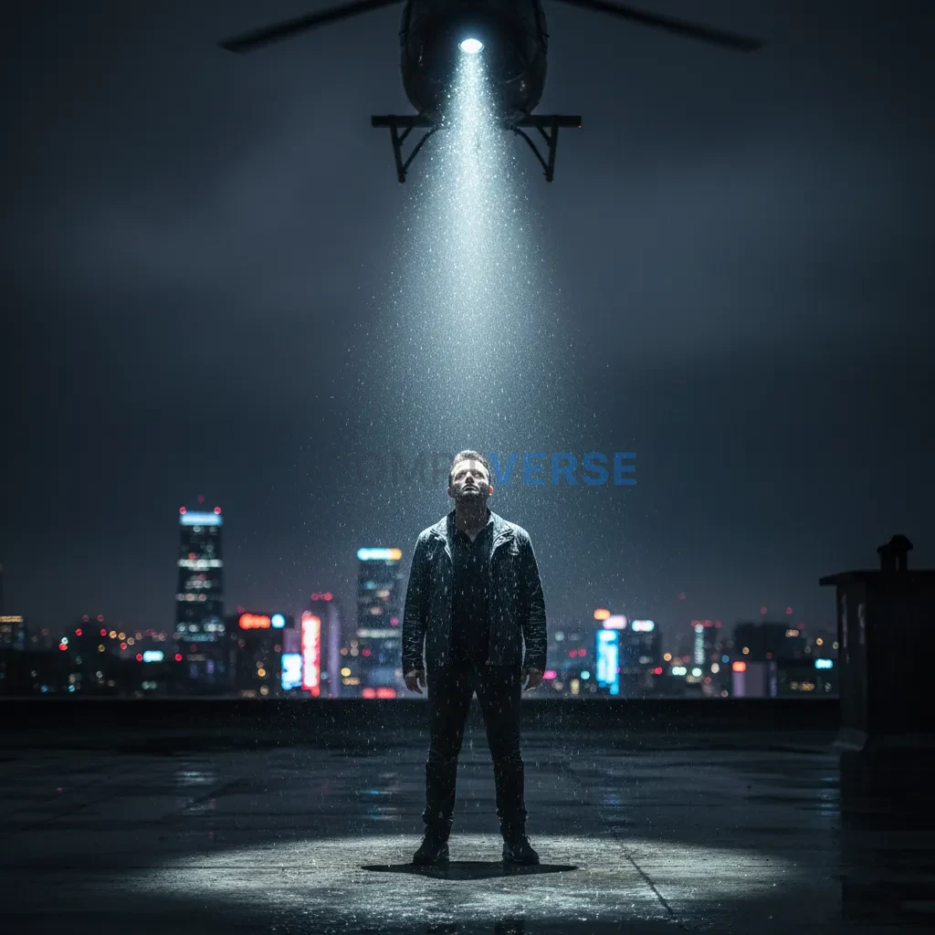 Ultra-detailed portrait of a man standing on rooftop, helicopter searc