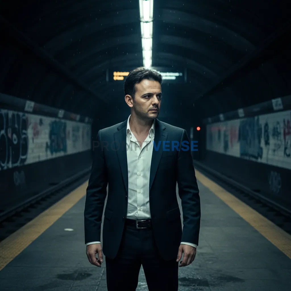 Cinematic close-up of a man facing off in an empty subway station, fli