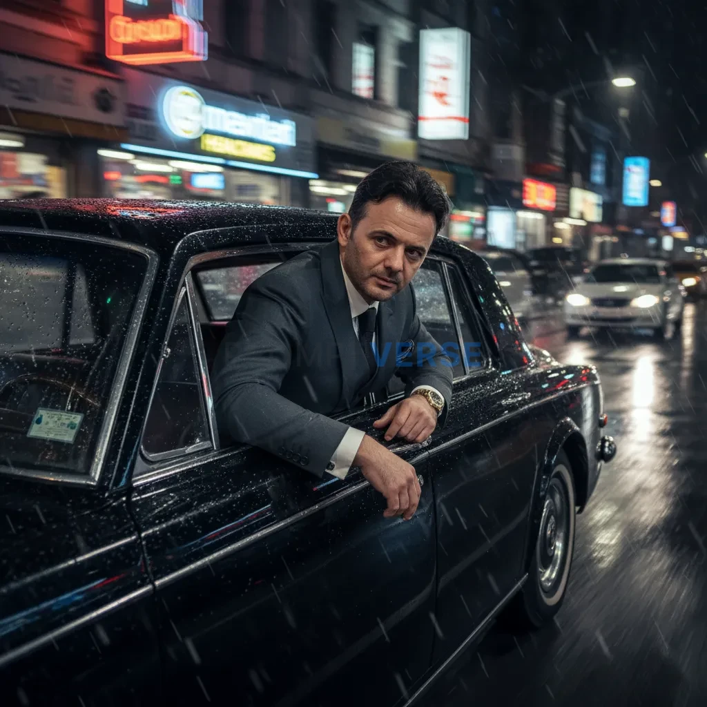 Ultra-detailed action shot, mafia boss leaning out of luxury car windo