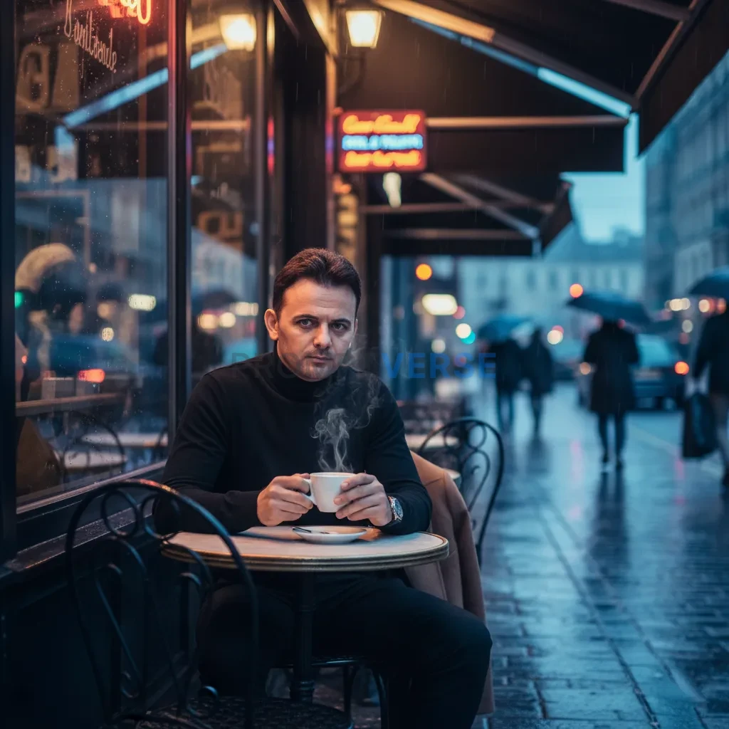 Cinematic portrait of man at corner café in rainy city street, steam 