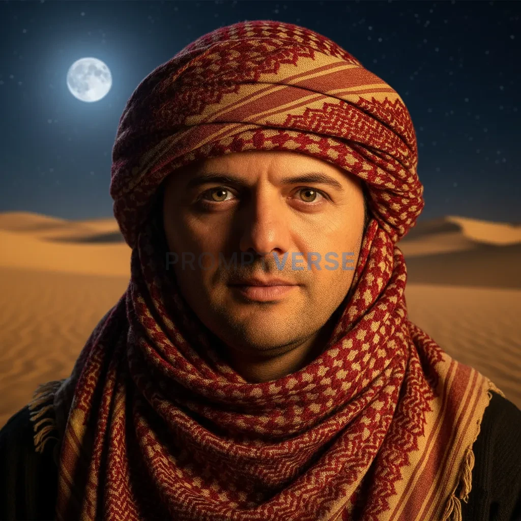Cinematic headshot, man in traditional scarf at a desert campfire, gol