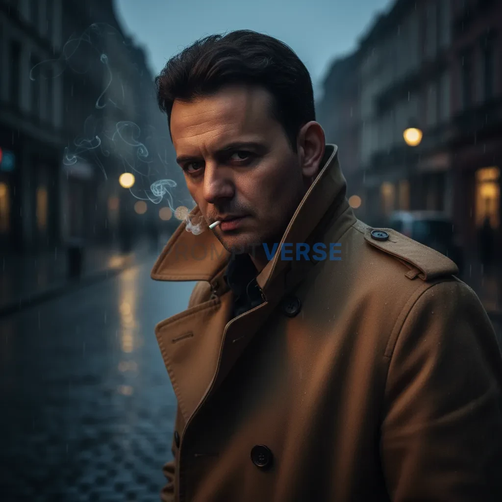 Ultra-detailed headshot, man in a camel trench coat with collar popped