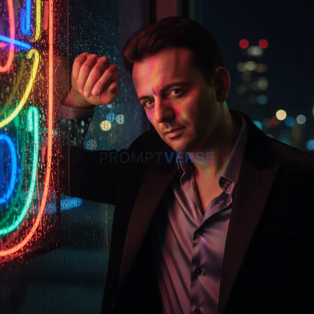 Cinematic close-up portrait of a man in a sharp velvet blazer with an 