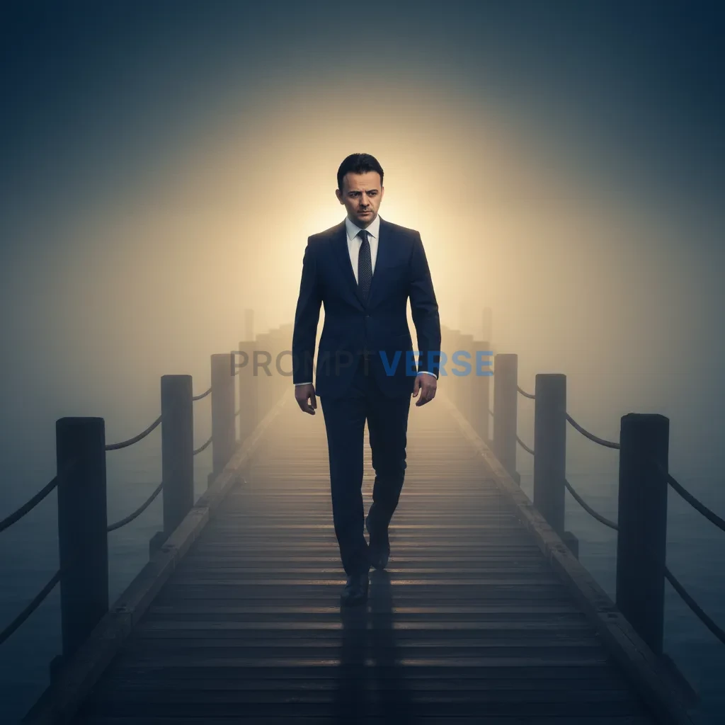 Outdoor cinematic portrait, man in a dark suit walking along a foggy p