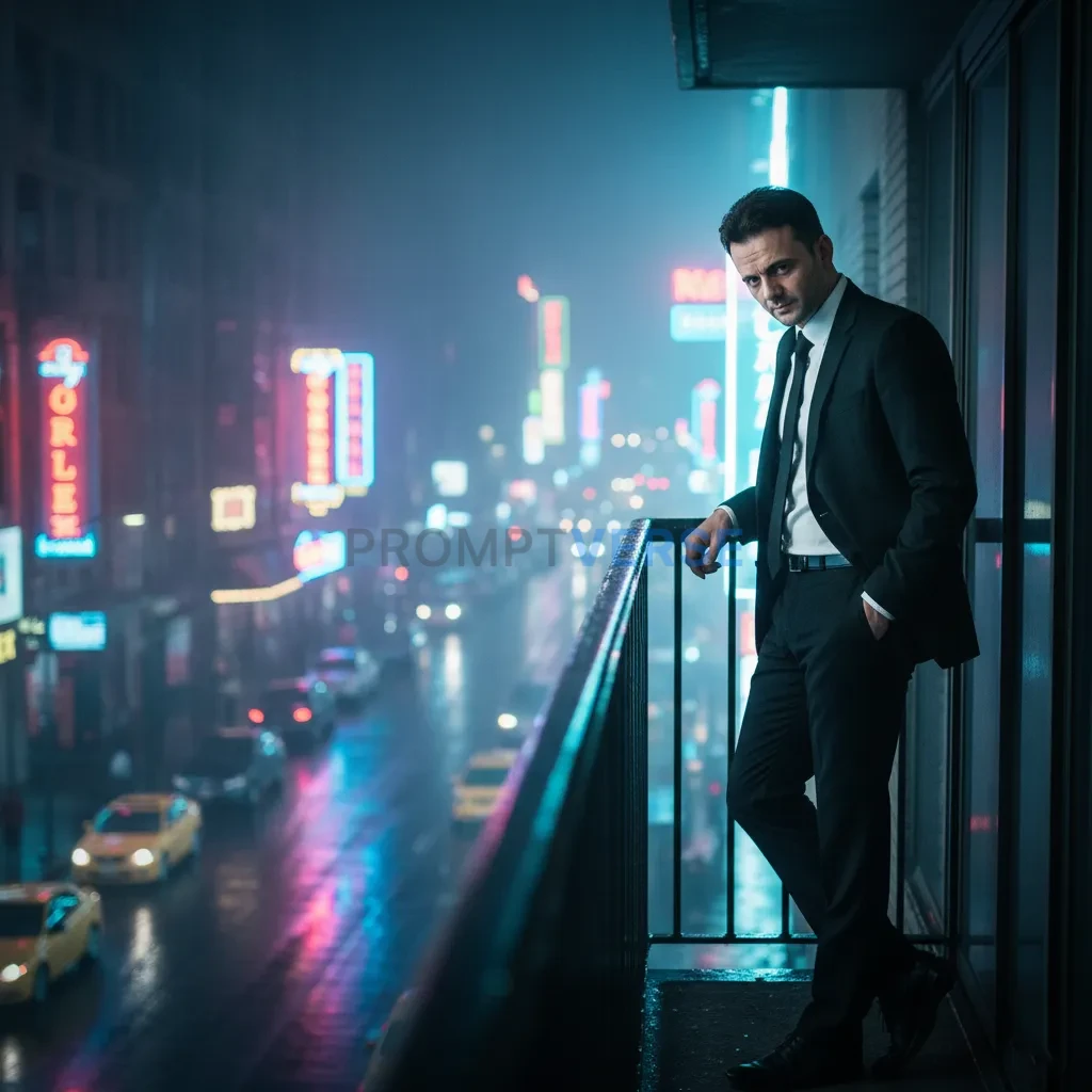 Wide cinematic portrait, man in black suit leaning on a railing overlo