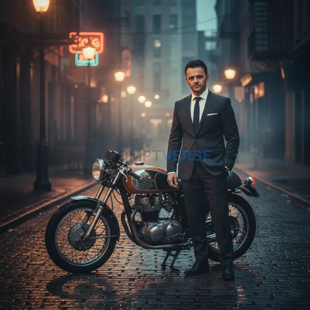 Outdoor portrait, man in tailored suit standing by a vintage motorcycl