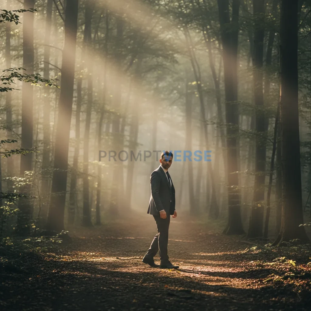 Wide cinematic shot, suited man walking through a misty forest path, s