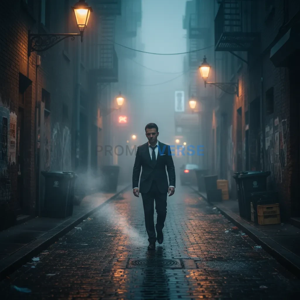 Wide shot of a man in a dark suit walking down a narrow urban alley, f