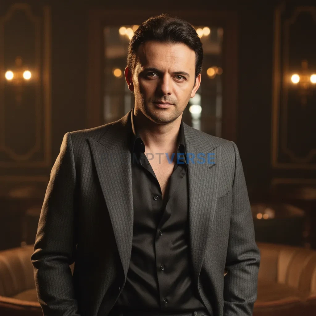 Editorial fashion portrait, man in a wide-lapel tailored suit, soft fi