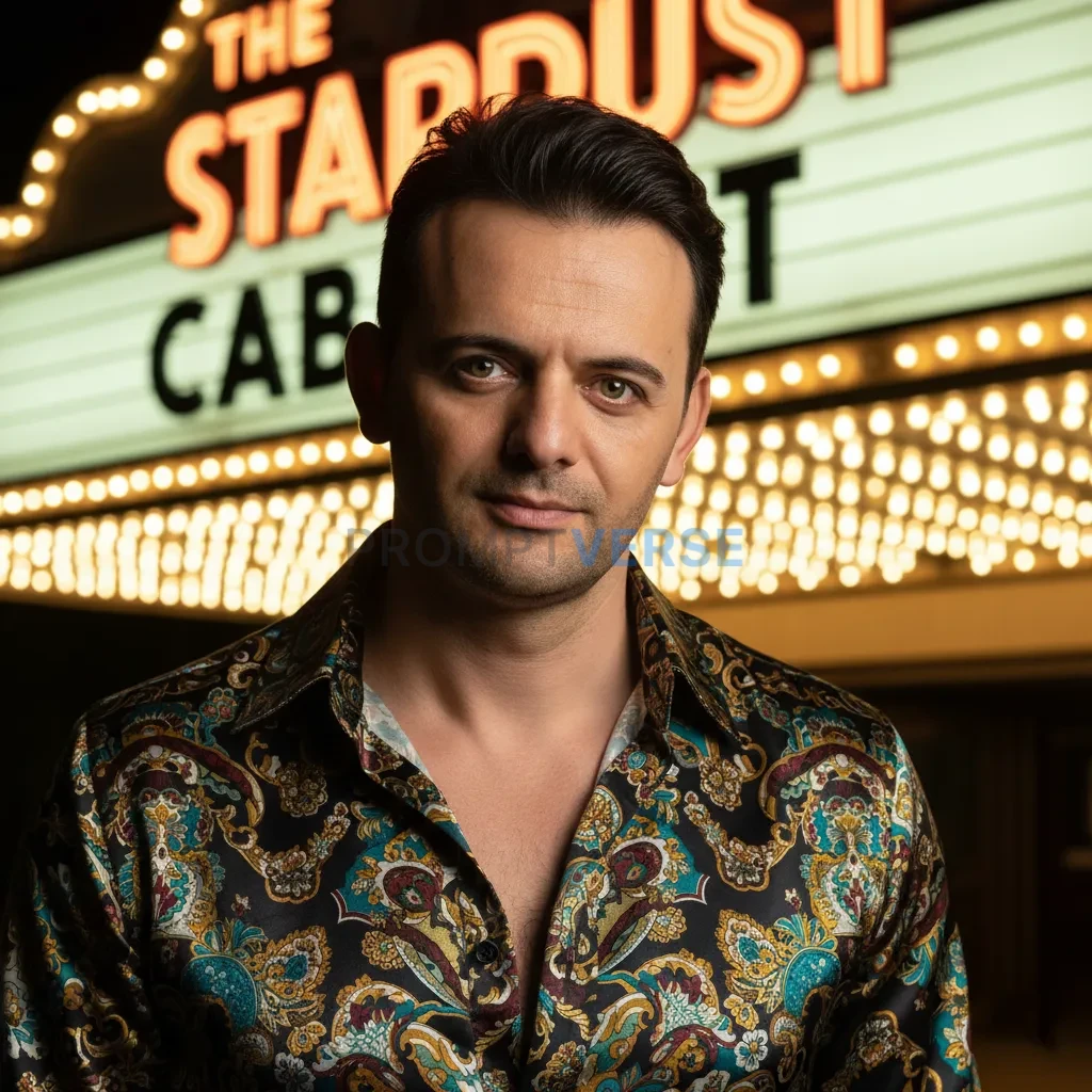 Cinematic close-up portrait, man in a silk patterned shirt with bold c