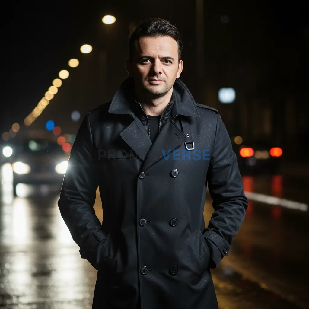 Cinematic fashion portrait of a man in a dark utility trench, gloved h