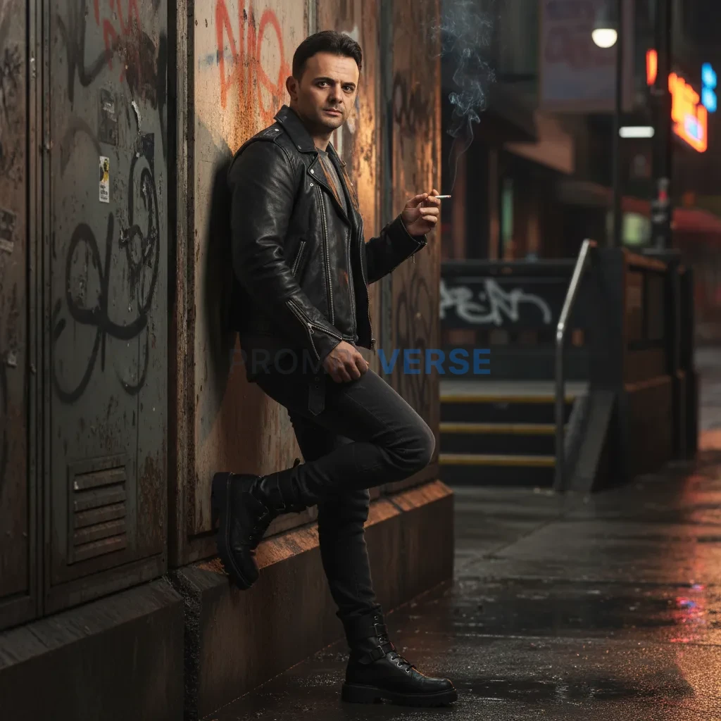 Ultra-detailed portrait, man in a cropped leather jacket with chunky b
