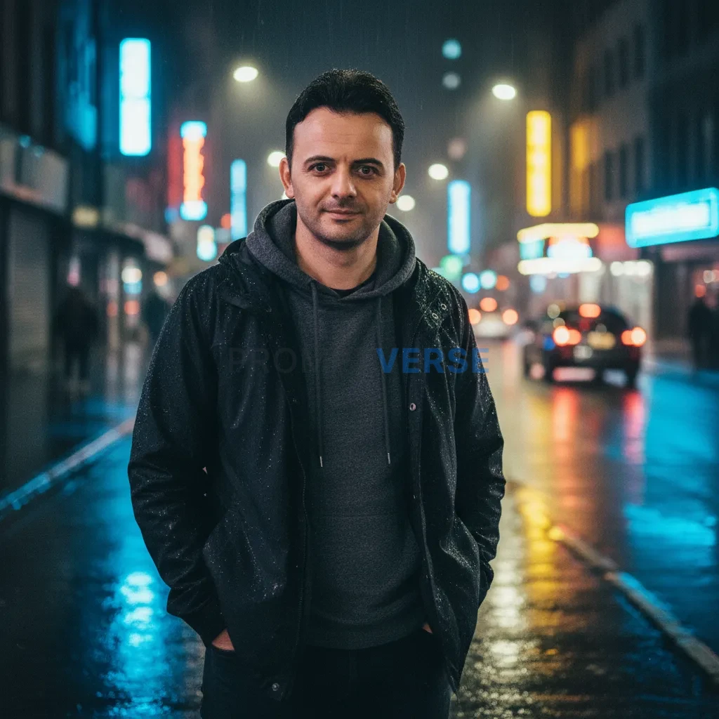 Urban portrait of a man wearing hoodie and jacket, rainy night atmosph
