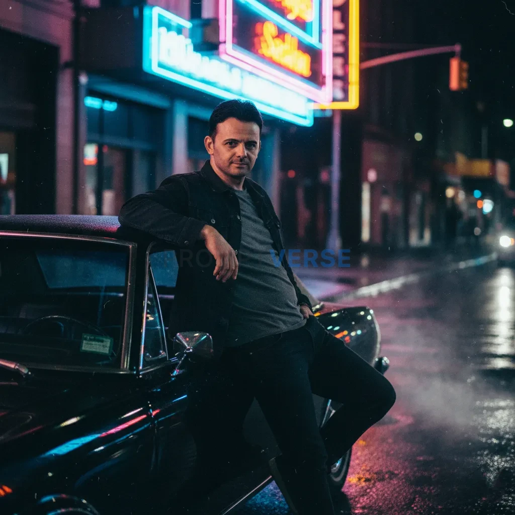 Cool man leaning on a black car under neon signs, dramatic shadows.