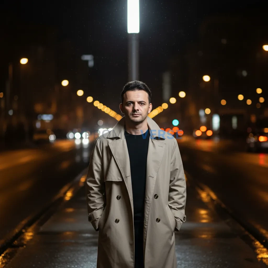 Striking editorial portrait, man wearing a loose oversized trench coat