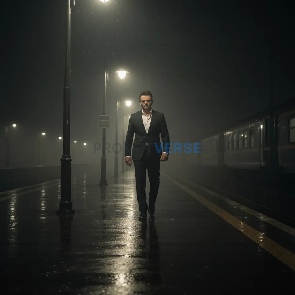 A moody wide shot of a suited figure walking down a deserted train sta