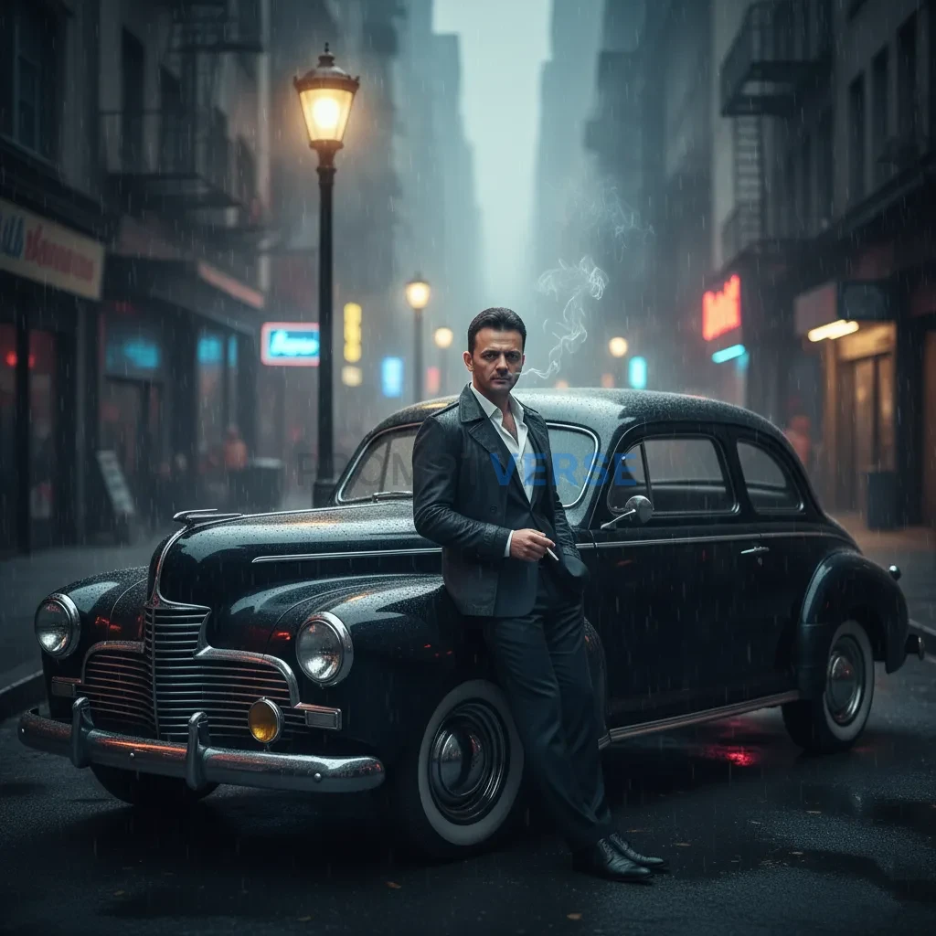 Cinematic portrait of a figure leaning against a vintage car under a s