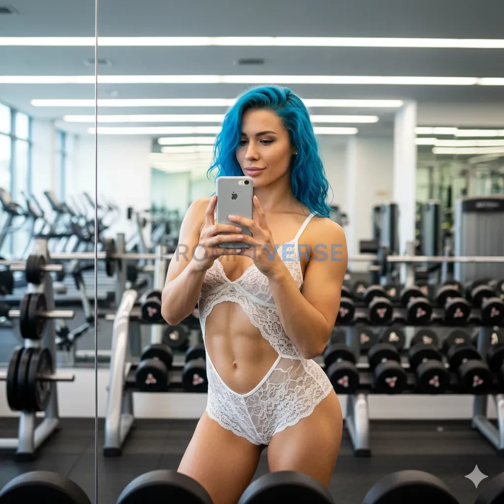 A fitness selfie in a modern gym with weight racks visible in backgrou
