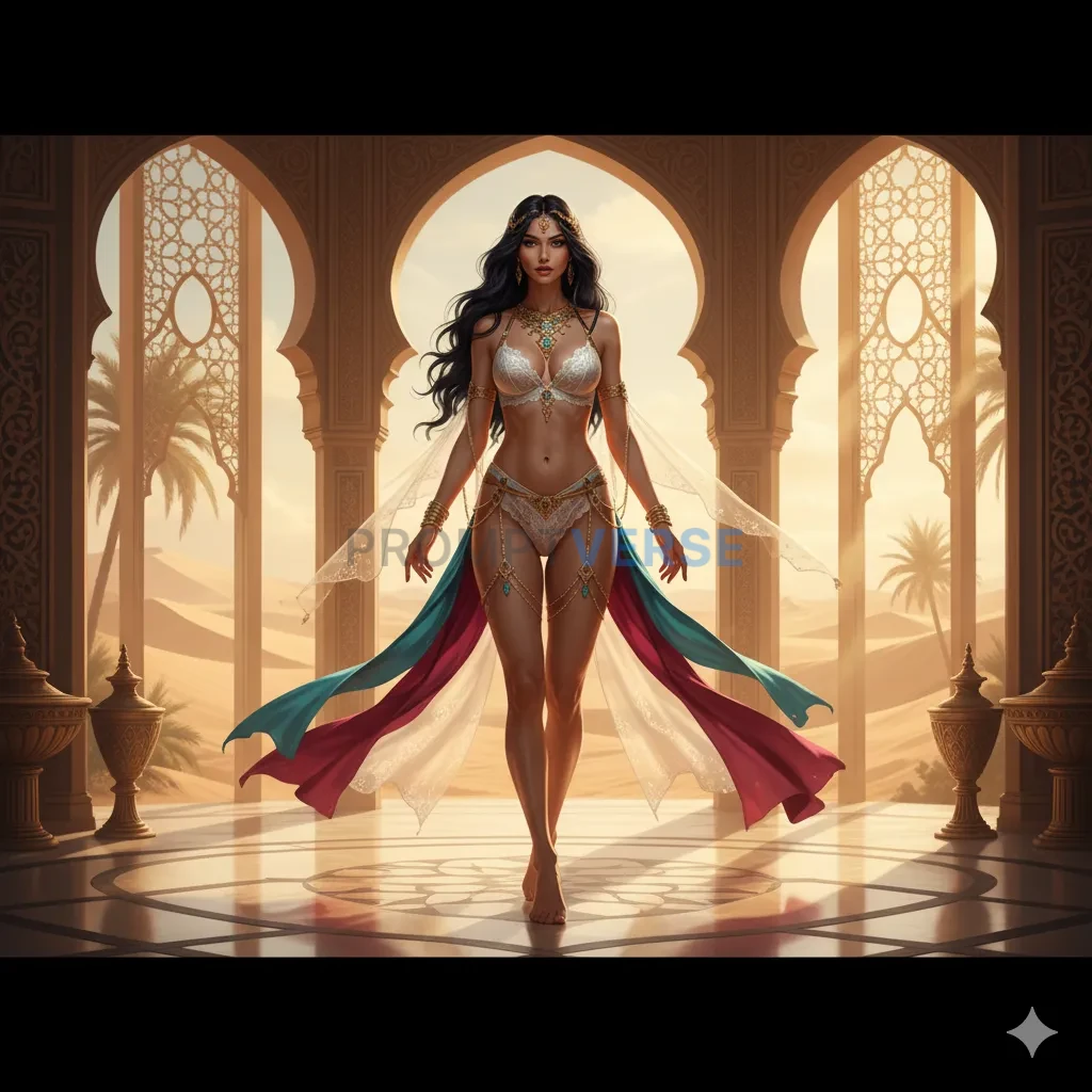 A captivating woman stands in the heart of a sun-drenched desert palac