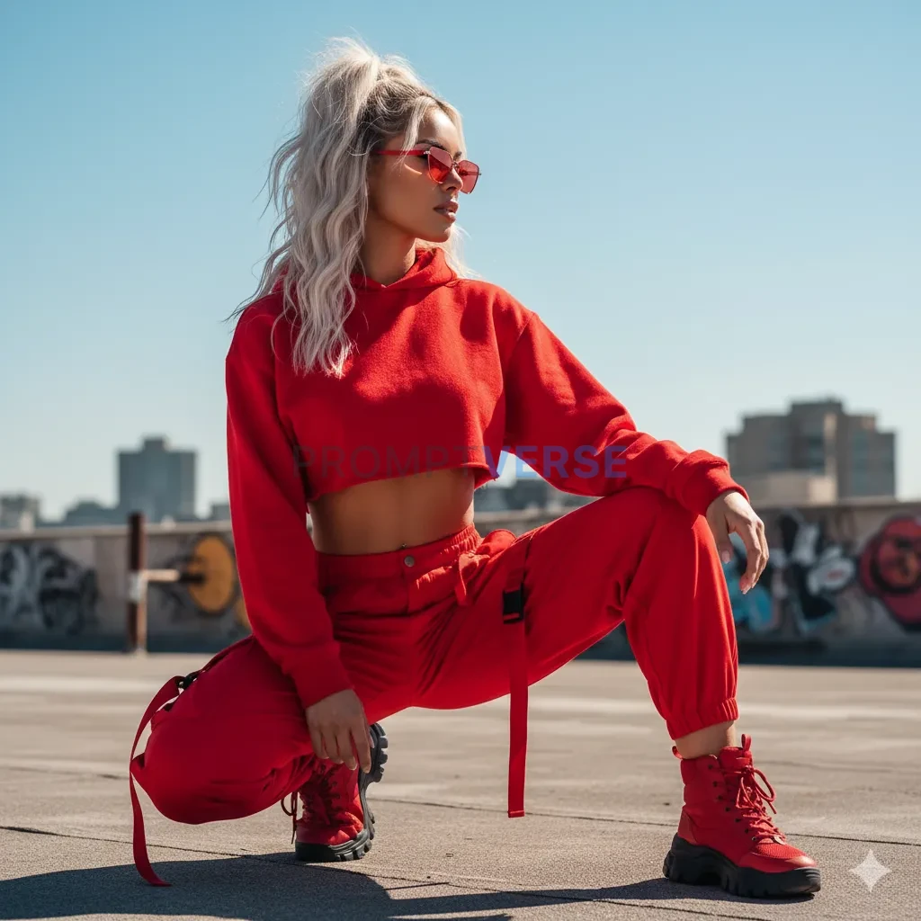 hot latina female model with red urban clothes and red sunglasses, hne