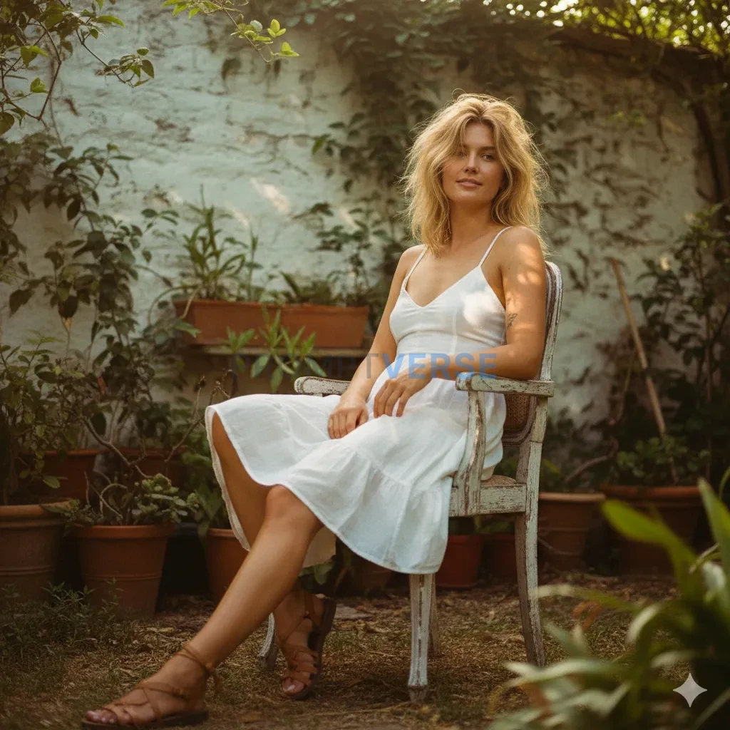 A candid, low-angle shot of a beautiful blonde woman with messy hair, 