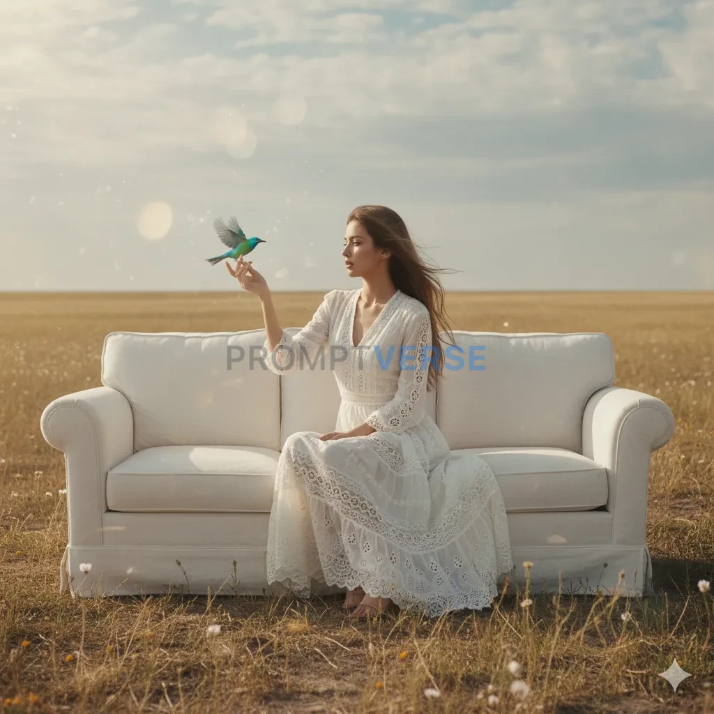 a woman sitting on top of a couch in a field, skinny girl in white boh