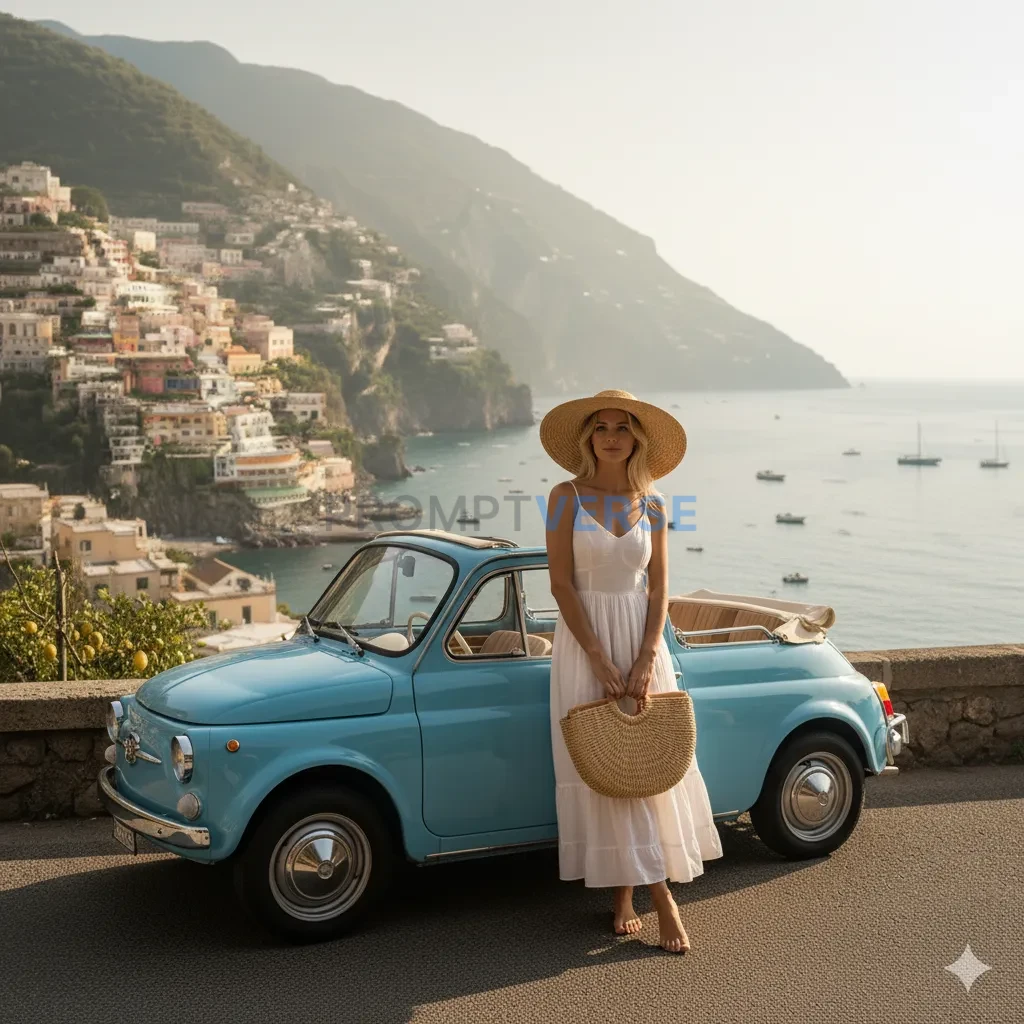 Stylish traveler wearing a straw hat and white dress, holding a woven 