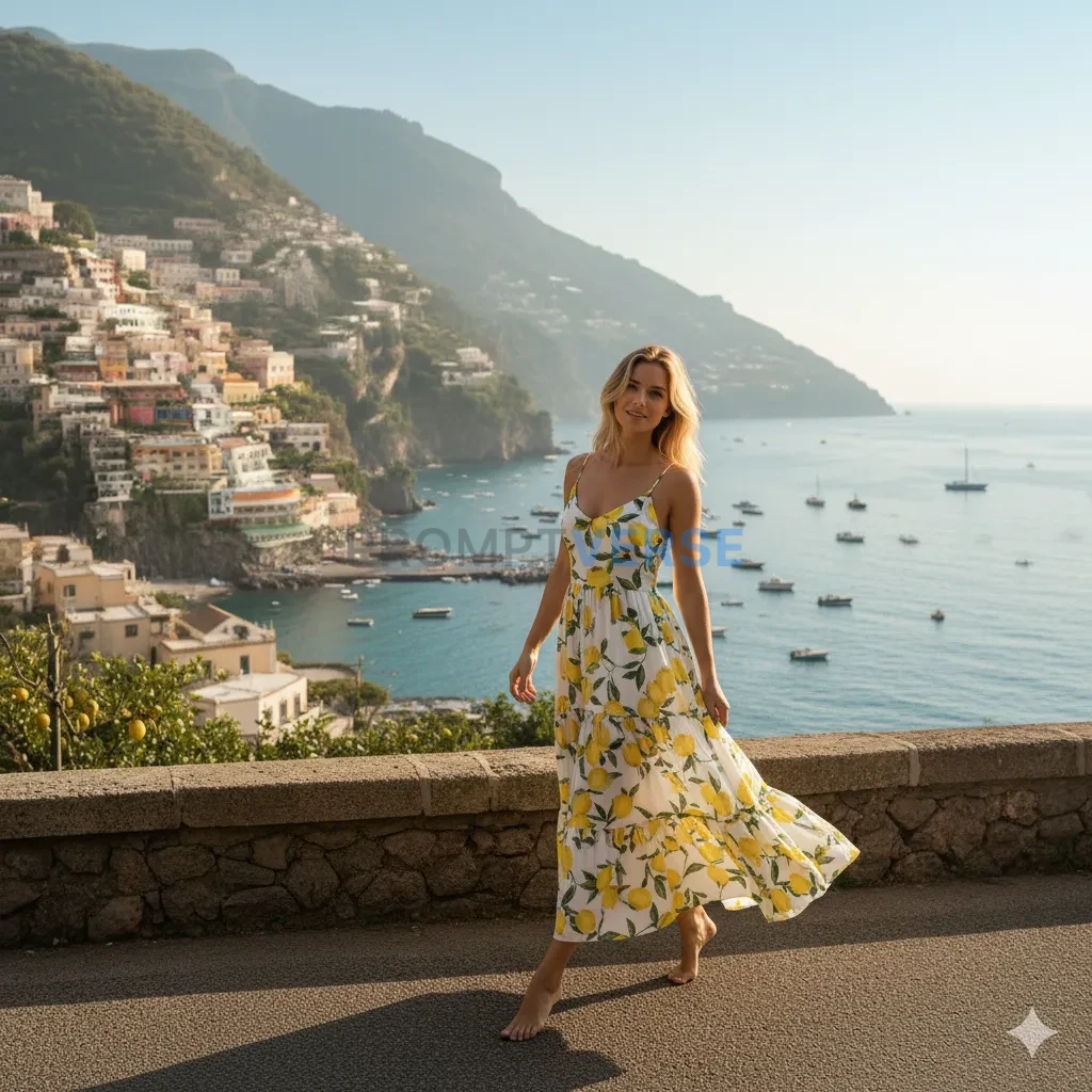 Elegant lady in a lemon-patterned dress walking along the terrace of P