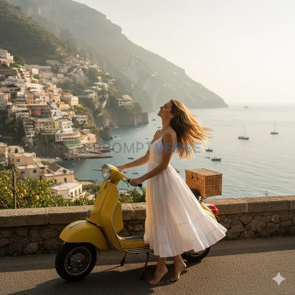 Woman in a white sundress standing by a yellow Vespa on the Amalfi coa