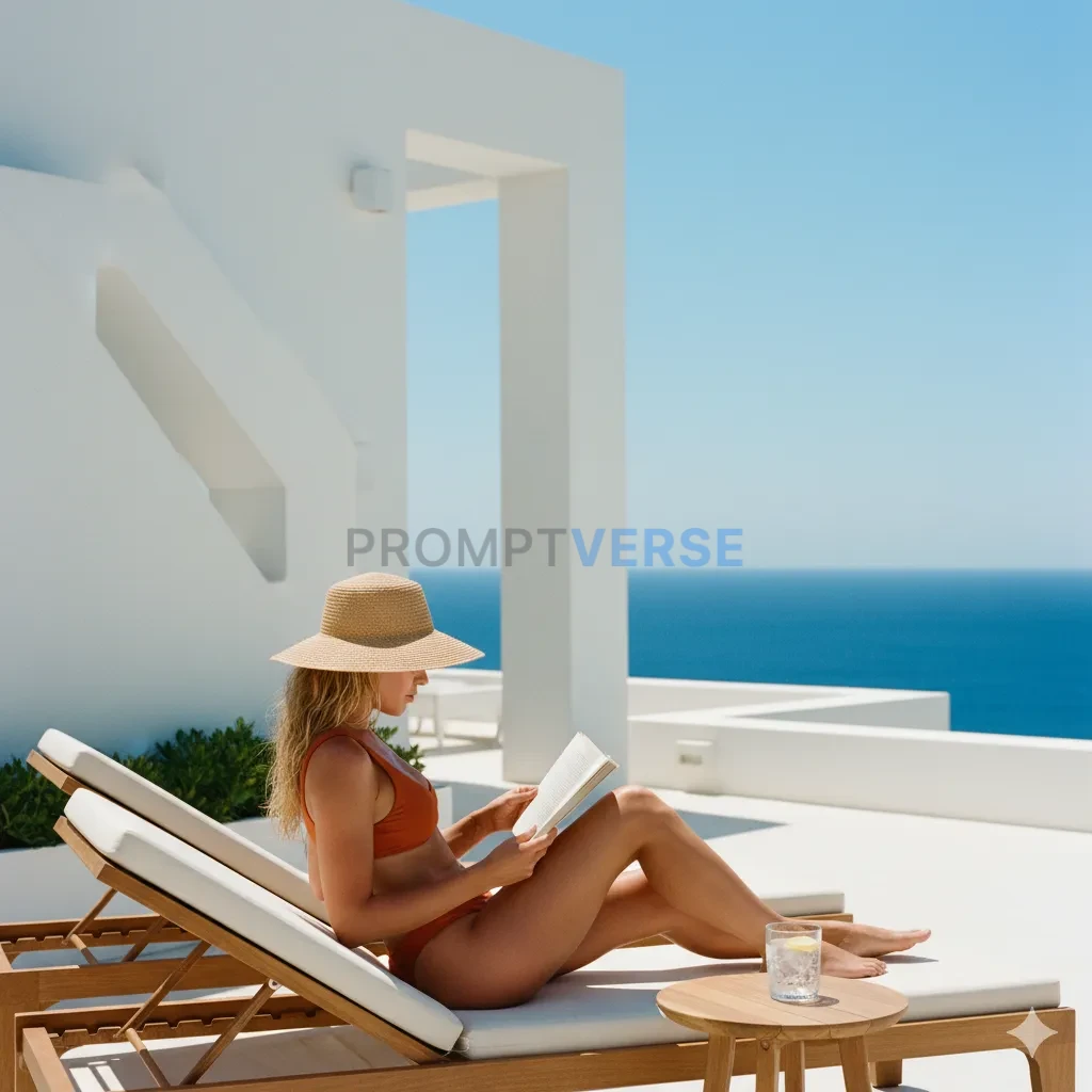 A woman in a burnt orange bikini, reading on a sun lounger, with the s