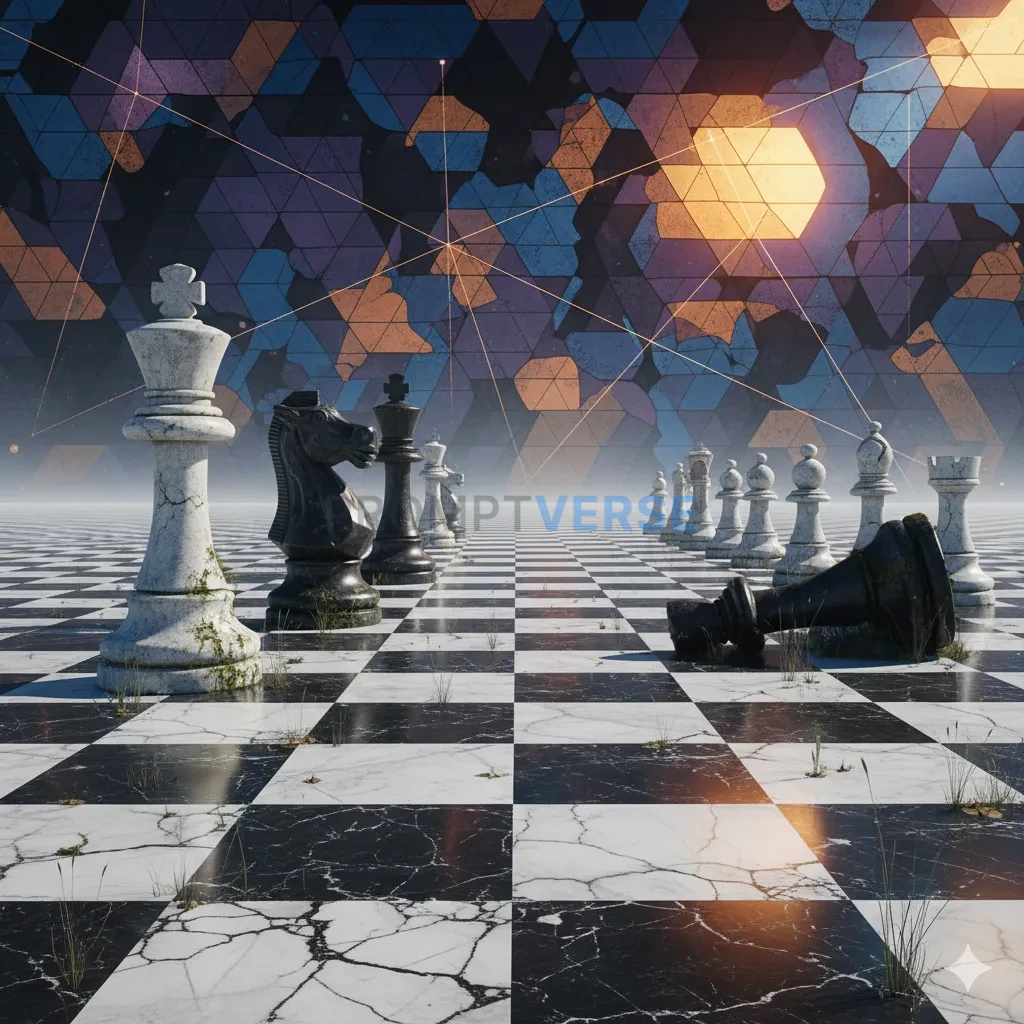 An infinite, perfectly flat chessboard plain, with colossal, weathered