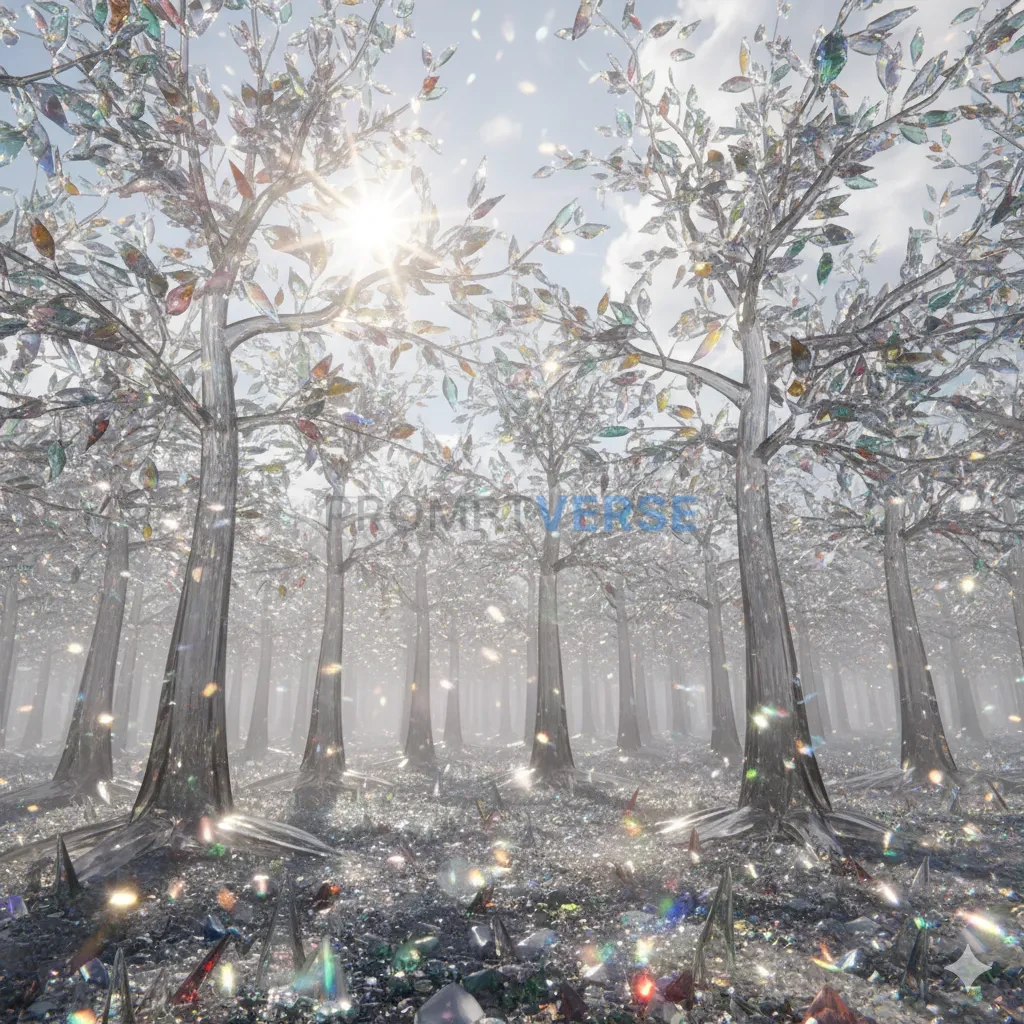 A forest where the trees are made of glass and the leaves are sharp, g