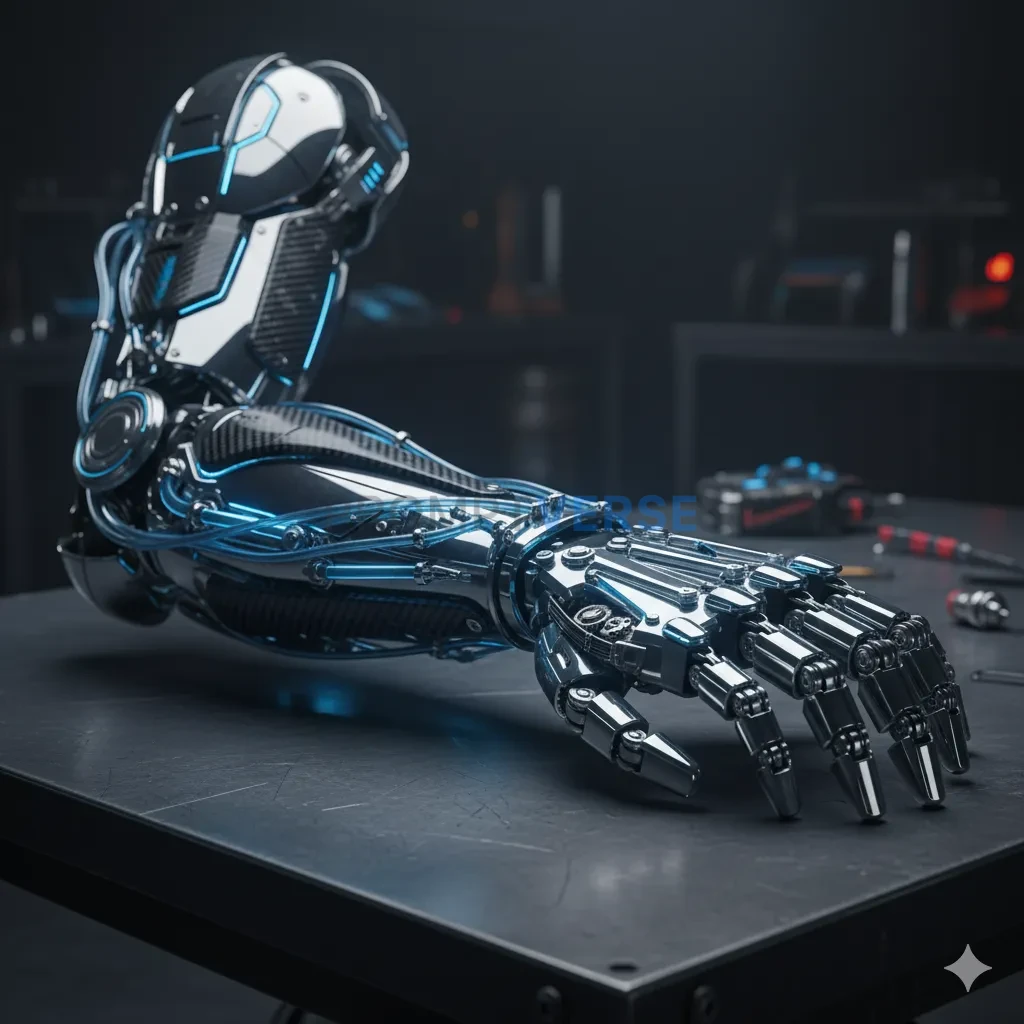 A cybernetic arm, a complex fusion of polished chrome, carbon fiber, a
